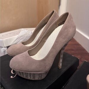 Elegant Taupe Platform Heels with Rhinestone Detail